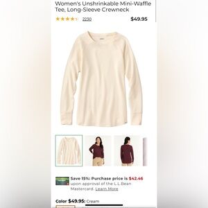 LL Bean Cream Women's Unshrinkable Mini-Waffle Tee, Long-Sleeve Crewneck Size M